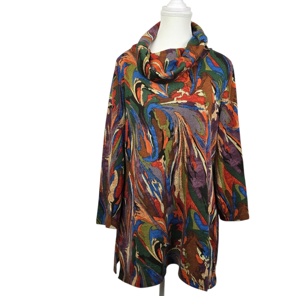 Ali Miles Multicolor Abstract Hacci Knit Cowl Neck Tunic Top Women’s Medium Boho